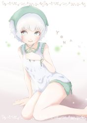 Rule 34 | 1girl, absurdres, blue eyes, character name, closed mouth, dress, foot out of frame, highres, looking at viewer, mecchie, nier, nier (series), short hair, simple background, sitting, smile, solo, white dress, white hair, yonah