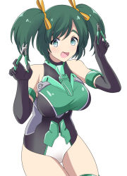 Rule 34 | 1girl, alternate costume, artist request, black gloves, breasts, elbow gloves, frame arms girl, gloves, green hair, green leotard, green thighhighs, hair ribbon, highres, holding, kotobuki bukiko, kurono, leotard, medium breasts, open mouth, ribbon, short hair, smile, solo, thighhighs, thighs, two side up, white background, yellow ribbon