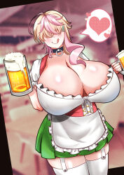 Rule 34 | 1girl, ahoge, alcohol, apron, beer, blonde hair, blurry, blurry background, breasts, choker, cleavage, codeorange162, dot nose, dress, dutch angle, ear piercing, facing viewer, female focus, garter straps, green skirt, heart, hidden eyes, highres, holding mug, hoshizaki mika, huge breasts, licking lips, maid, original, piercing, pink hair, shiny skin, short hair, skirt, solo, standing, thick thighs, thighhighs, thighs, tongue, tongue out, white thighhighs, zettai ryouiki