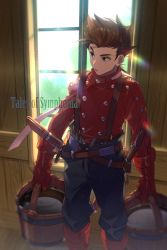 Rule 34 | 1boy, brown eyes, brown hair, bucket, echo (circa), gloves, lloyd irving, male focus, open mouth, red shirt, shirt, solo, spiked hair, sword, tales of (series), tales of symphonia, water, weapon, window