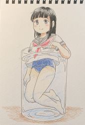 Rule 34 | 1girl, barefoot, black eyes, black hair, blue one-piece swimsuit, blush, breast pocket, cup, drinking glass, hand on own leg, highres, long hair, looking at viewer, marup, mini person, minigirl, neckerchief, one-piece swimsuit, pocket, red neckerchief, school swimsuit, school uniform, shirt, short sleeves, smile, swimsuit, swimsuit under clothes, white shirt