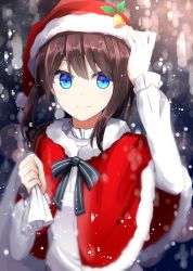 Rule 34 | 1girl, a.a (aa772), arm up, bell, blue eyes, blush, brown hair, capelet, christmas, closed mouth, commentary request, fingernails, fur-trimmed capelet, fur-trimmed headwear, fur trim, hair between eyes, hakama-chan (aa), hand on headwear, hat, holding, holding sack, holly, long hair, looking at viewer, original, red capelet, red hat, sack, shirt, smile, snowing, solo, upper body, white shirt