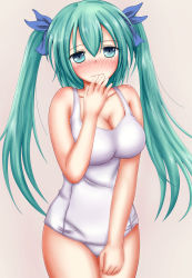 Rule 34 | 1girl, blush, breasts, green eyes, green hair, hair ribbon, hatsune miku, highres, large breasts, long hair, matching hair/eyes, one-piece swimsuit, ribbon, sakura fuyuki, school swimsuit, solo, swimsuit, twintails, vocaloid