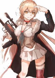 Rule 34 | 1girl, absurdres, assault rifle, asymmetrical legwear, black jacket, blonde hair, braid, breasts, bullpup, choker, cleavage, closed mouth, corset, feet out of frame, french braid, girls&#039; frontline, grey skirt, gun, hand in own hair, highres, holding, holding weapon, jacket, long hair, looking at viewer, medium breasts, muteppona hito, open clothes, open jacket, ots-14 (girls&#039; frontline), ots-14 groza, red choker, rifle, scope, shirt, simple background, skirt, smile, solo, standing, star (symbol), star choker, striped clothes, striped legwear, striped thighhighs, suppressor, thighhighs, uneven legwear, vertical-striped clothes, vertical-striped thighhighs, weapon, white shirt, yellow eyes