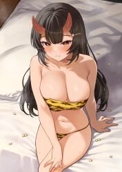 Rule 34 | 1girl, bare shoulders, black hair, blush, breasts, brown eyes, cleavage, closed mouth, enjo kouhai, hair ornament, hairclip, highres, horns, large breasts, long hair, looking at viewer, navel, on bed, origamine ouka, setsubun, sitting, skin-covered horns, solo, stomach, takunomi