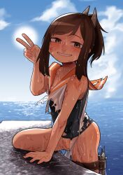Rule 34 | 1girl, blush, breasts, brown eyes, brown hair, cleft of venus, cloud, day, female focus, grin, guman project, highres, i-401 (kancolle), kantai collection, looking at viewer, nipples, ocean, one-piece swimsuit, orange sailor collar, outdoors, ponytail, pussy, sailor collar, sky, small breasts, smile, solo, swimsuit, tan, thigh strap, torn clothes, torn swimsuit, uncensored, v, water, wet, wet hair