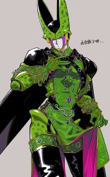 Rule 34 | 1boy, adapted costume, armor, belt, black cape, black footwear, boots, cape, cell (dragon ball), chain, cowboy shot, dragon ball, facial mark, gloves, green gloves, green shirt, green tabard, grey hair, harness, male focus, o-ring, pauldrons, pelvic curtain, pink eyes, saiko67, shirt, shoulder armor, simple background, skirt hold, solo, tabard, thigh boots