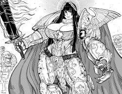 Rule 34 | 1girl, 2boys, absurdres, armor, bb (baalbuddy), black hair, breasts, cape, cleavage, cleavage cutout, clothing cutout, emperor of mankind, flaming sword, flaming weapon, genderswap, genderswap (mtf), greyscale, highres, hime cut, holding, holding sword, holding weapon, large breasts, laurels, long hair, monochrome, multiple boys, orc, ork (warhammer), ornate armor, power armor, simple background, sword, warhammer 40k, weapon, white background