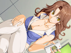 Rule 34 | 1girl, alcohol, amano mitsurugi, bed, beer, beer can, breasts, brown hair, can, cleavage, closed mouth, covered erect nipples, crossed legs, curly hair, drink can, dutch angle, female focus, gundam, gundam 00, hand on own knee, hand up, highres, holding beer, index finger raised, indoors, large breasts, legs, long hair, looking at viewer, midriff, on bed, sitting, sleeveless, smile, solo, sumeragi lee noriega, thighs, yellow eyes