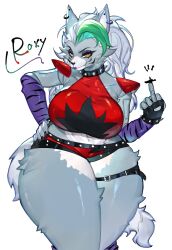 Rule 34 | animal ears, arm warmers, breasts, collar, crop top, fingernails, five nights at freddy&#039;s, five nights at freddy&#039;s: security breach, furry, furry female, green hair, grey fur, highres, huge breasts, lipstick, looking at viewer, makeup, middle finger, midriff, multicolored hair, navel, robot, roxanne wolf (fnaf), sharp fingernails, shorts, smile, spiked collar, spikes, tail, thick thighs, thighs, togetoge, white hair, wide hips, wolf ears, wolf girl, wolf tail, yellow eyes