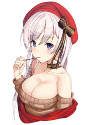 Rule 34 | 1girl, absurdres, azur lane, bad id, bad pixiv id, bare shoulders, belfast (azur lane), belfast (shopping with the head maid) (azur lane), black bow, blush, bow, breasts, brown sweater, choker, cleavage, collarbone, earrings, food, hair between eyes, hair bow, hand up, highres, holding, holding food, hoop earrings, jewelry, large breasts, long hair, long sleeves, looking at viewer, off-shoulder sweater, off shoulder, okappa (bobbed001), pocky, purple eyes, red headwear, shawl, silver hair, simple background, solo, sweater, upper body, white background
