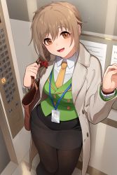 Rule 34 | 1girl, bag, beige coat, beige jacket, black pantyhose, black skirt, blush, braid, breasts, brown eyes, brown hair, buttons, coat, collared shirt, commentary request, elevator, green vest, hair ornament, hair scrunchie, hand up, handbag, id card, idolmaster, idolmaster cinderella girls, jacket, kamille (vcx68), lanyard, long hair, looking at viewer, medium breasts, necktie, office lady, open mouth, pantyhose, pencil skirt, push-button, scrunchie, senkawa chihiro, shirt, side braid, skirt, smile, solo, trench coat, vest, white shirt