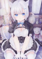 Rule 34 | 1girl, animal ears, apron, black dress, blue eyes, blush, breasts, cat ears, cat tail, cleavage, closed mouth, colored pencil (medium), darkkanan, dress, eyes visible through hair, gloves, highres, indoors, kneehighs, looking at viewer, mary janes, medium breasts, original, painting (medium), seiza, shoes, short hair, short sleeves, sidelocks, sitting, socks, solo, tail, thighhighs, traditional media, watercolor (medium), white gloves, white hair, white socks, white thighhighs