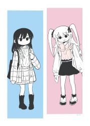 Rule 34 | 2girls, backpack, bag, belt, boots, copyright request, dot mouth, hair ribbon, highres, holding, holding bag, jacket, jitome, kitunenosousuke, knee boots, looking at viewer, medium hair, monochrome, multiple girls, no nose, plaid, plaid jacket, plaid skirt, ribbon, shirt, shoulder bag, skirt, twintails