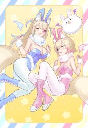 Rule 34 | 2girls, :3, absurdres, alternate costume, animal ear fluff, animal ears, bare shoulders, blonde hair, blue eyes, blue footwear, blue leotard, blue nails, blush, boots, breasts, cleavage, detached wings, dog ears, dog girl, dog tail, fake animal ears, fang, fuwawa abyssgard, highres, hololive, hololive english, large breasts, leotard, long hair, looking at viewer, mococo abyssgard, multicolored hair, multiple girls, null suke, open mouth, pantyhose, perroccino (fuwamoco), pink eyes, pink footwear, pink leotard, pink nails, playboy bunny, rabbit ears, short hair, skin fang, small breasts, smile, solo, streaked hair, tail, two side up, virtual youtuber, white pantyhose, wings, wrist cuffs