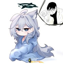 Rule 34 | 1boy, 1girl, ahoge, animal ear fluff, animal ears, blue archive, blue eyes, blue hoodie, blush, closed mouth, cross hair ornament, dark halo, extra ears, grey hair, hair between eyes, hair ornament, halo, highres, hood, hoodie, long hair, mismatched pupils, oversized clothes, saya (blue archive), sensei (blue archive), shiroko (blue archive), shiroko terror (blue archive), skyrain315, sleeves past fingers, sleeves past wrists, wolf ears
