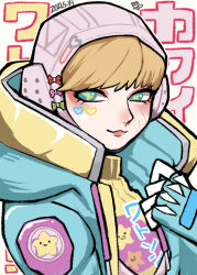 Rule 34 | 1girl, animification, apex legends, blonde hair, blue eyes, blue gloves, blue jacket, bow, dated, eyeshadow, facial mark, facial scar, gloves, green bow, heart, heart facial mark, highres, jacket, kawaii voltage wattson, lightning bolt symbol, looking to the side, makeup, official alternate costume, ookamiya818, pink bow, pink eyeshadow, pink headwear, portrait, print sweater, red bow, ribbed sweater, scar, scar on cheek, scar on face, smile, solo, star (symbol), sweater, symbol-shaped pupils, wattson (apex legends), white background, yellow sweater