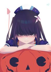 Rule 34 | 1girl, absurdres, angry, aqua nails, are joel, beret, black hair, blue dress, closed mouth, clothing cutout, demon tail, dress, evil smile, flower, gold trim, hair flower, hair ornament, halloween, hat, head rest, highres, hina misora, jack-o&#039;-lantern, long hair, looking at viewer, multicolored hair, nail polish, puffy short sleeves, puffy sleeves, pumpkin, purple eyes, shaded face, short sleeves, shoulder cutout, signature, simple background, smile, solo, streaked hair, tail, two side up, virtual youtuber, wactor production, wavy mouth, white background, white flower