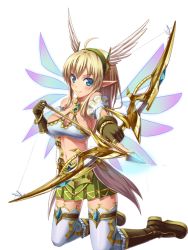 Rule 34 | 1girl, ahoge, archer (fate), arrow (projectile), blonde hair, bloodline, blue eyes, boots, bow (weapon), breasts, brown footwear, brown gloves, cleavage, drawing bow, elf, fate (series), full body, gen (bloodline), gloves, green skirt, hairband, holding, holding bow (weapon), holding weapon, kneeling, looking at viewer, midriff, navel, non-web source, partially fingerless gloves, pointy ears, skirt, solo, transparent background, weapon, white legwear