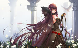Rule 34 | 1girl, bare shoulders, bird, black hair, breasts, dove, dress, fate/apocrypha, fate/stay night, fate (series), flower, highres, long hair, medium breasts, pointy ears, semiramis (fate), solo, yuki (clydtc)
