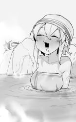 Rule 34 | 1girl, absurdres, blush, collarbone, drooling, gloves, greyscale, hairband, highres, horns, kirin (armor), monochrome, monster hunter (series), naked towel, niwarhythm, onsen, open mouth, partially submerged, single horn, solo, steam, towel, water spring, wet