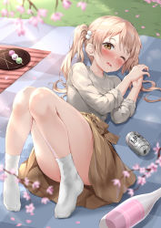 Rule 34 | 1girl, absurdres, beer can, blanket, blonde hair, blurry, blush, bottle, can, cherry blossoms, commentary request, dango, depth of field, drink can, drooling, food, grey shirt, hair ornament, hanami, highres, jewelry, knees together feet apart, long sleeves, lying, necklace, nedia (nedia region), on back, one eye closed, open mouth, original, panties, pantyshot, petals, plate, sake bottle, saliva, sanshoku dango, shirt, sidelocks, skewer, sleeves rolled up, socks, solo, tan skirt, thighhighs, twintails, underwear, wagashi, waking up, white panties, white socks, yellow eyes