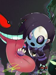 Rule 34 | 1boy, ahoge, allister (pokemon), black hair, claw pose, commentary request, creatures (company), game freak, gastly, gen 1 pokemon, gengar, gloves, gym leader, highres, long sleeves, looking at viewer, mask, nintendo, partially fingerless gloves, poke ball, poke ball (basic), pokemon, pokemon (creature), pokemon swsh, print shirt, print shorts, purple eyes, shirt, shorts, signature, single glove, suspender shorts, suspenders, tongue, u tei