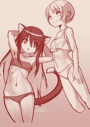 Rule 34 | 2girls, animal ears, breasts, cat ears, cat tail, female focus, highres, mitake eil, monochrome, multicolored hair, multiple girls, navel, open mouth, original, panties, short hair, signature, small breasts, smile, strapless, tail, tube top, underwear