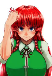 Rule 34 | 1girl, blue eyes, blunt bangs, braid, breasts, chinese clothes, close-up, facial scar, hong meiling, koyubi (littlefinger1988), large breasts, long hair, looking at viewer, no headwear, puffy sleeves, red hair, revision, scar, scar on cheek, scar on face, short sleeves, simple background, sleeves rolled up, tangzhuang, touhou, twin braids, white background