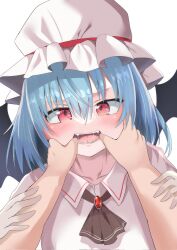 Rule 34 | 1girl, 1other, ascot, bat wings, black ascot, blue hair, collarbone, commentary request, daru (kumakumadon), hat, hat ribbon, highres, mob cap, open mouth, pov, red eyes, red ribbon, remilia scarlet, ribbon, short hair, simple background, touhou, white background, white headwear, wings