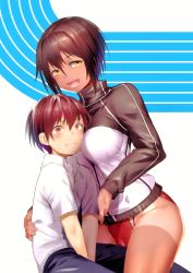 Rule 34 | 1boy, 1girl, :t, absurdres, age difference, blush, brown hair, child, color halftone, dark-skinned female, dark skin, embarrassed, face to breasts, highres, jacket, karochii, looking at viewer, megami no sprinter, nervous, onee-shota, scan, short hair, shorts tan, shy, takase kouta, takase kyoko, tan, tanline, track jacket, wavy mouth, white background