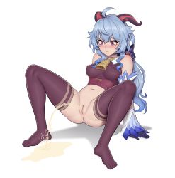 Rule 34 | 1girl, anonbardos, blue hair, bottomless, cleft of venus, covered erect nipples, ganyu (genshin impact), genshin impact, highres, horns, leaning back, pee arch, peeing, puddle, purple eyes, pussy, solo, thighhighs, uncensored, white background