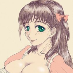 Rule 34 | 1girl, baby princess, beige background, bow, breasts, brown hair, cleavage, eyelashes, green eyes, hair bow, harukaze (baby princess), large breasts, lips, long hair, looking at viewer, marbletetrapod, red bow, smile, solo, two side up, upper body