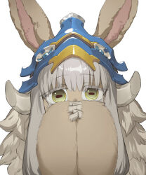 Rule 34 | 1other, androgynous, animal ears, body fur, brown fur, commentary, covering own mouth, ears through headwear, english commentary, fake horns, furry, grey hair, hands up, helmet, highres, horizontal pupils, horned helmet, horns, interlocked fingers, long hair, looking at viewer, made in abyss, nanachi (made in abyss), other focus, own hands together, rabbit ears, solo, soosaresu, upper body, white background, yellow eyes