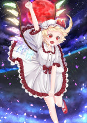 Rule 34 | 1girl, alternate costume, ankle socks, arm up, blonde hair, breasts, clenched hand, cloud, commentary request, dress, fang, flandre scarlet, floating, foot out of frame, frilled skirt, frilled sleeves, frills, full moon, hat, hat ribbon, highres, lace, lace-trimmed skirt, lace trim, looking to the side, mary janes, mob cap, moon, night, one side up, open mouth, outdoors, petals, red eyes, red footwear, red moon, remitei03, ribbon, shoes, short hair, short sleeves, skirt, skirt hold, sky, slit pupils, small breasts, socks, solo, star (sky), starry sky, touhou, white dress, white hat, white socks, wings