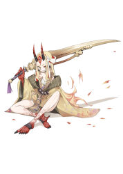 Rule 34 | 1girl, animal print, black nails, blonde hair, breasts, earrings, facial mark, fang, fate/grand order, fate (series), fingernails, forehead mark, highres, holding, holding sword, holding weapon, horns, ibaraki douji (fate), japanese clothes, jewelry, kimono, long hair, oni, oni horns, shadow, sharp fingernails, sharp toenails, simple background, sitting, small breasts, solo, sword, tansuke, tattoo, tiger print, toenails, weapon, white background, yellow eyes, yellow kimono