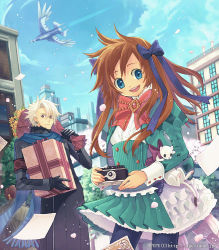 Rule 34 | 1boy, 1girl, :d, aircraft, airplane, animal, apupu, artist name, bad id, bad pixiv id, black gloves, black pantyhose, blue eyes, blue scarf, bouquet, bow, bowtie, box, brooch, brown hair, building, camera, city, cloud, day, fantasy, flower, frills, gift, gift box, gloves, hair ribbon, holding, holding camera, holding gift, jewelry, juliet sleeves, long hair, long sleeves, looking at viewer, open mouth, outdoors, pantyhose, petals, puffy sleeves, red eyes, ribbon, scarf, sky, smile, watermark, web address, white hair