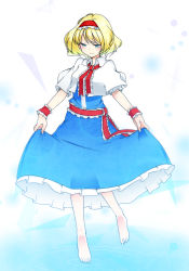 Rule 34 | 1girl, absurdres, alice margatroid, barefoot, blonde hair, blue eyes, capelet, dress, full body, hairband, half-closed eyes, highres, kameyan, looking down, neck ribbon, ribbon, sash, short hair, skirt hold, smile, solo, touhou, wrist cuffs