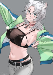 Rule 34 | 1girl, absurdres, animal ear fluff, animal ears, bare shoulders, belt, black-framed eyewear, blue jacket, blush, breasts, closed mouth, clothes writing, collar, commission, covered erect nipples, dated, english text, eyelashes, glasses, green eyes, green jacket, grey background, grey jacket, grey pants, highres, jacket, kagetomo midori, large breasts, light blush, long hair, multicolored clothes, multicolored jacket, navel, open clothes, open jacket, original, pants, pink collar, pink lips, pixiv commission, round eyewear, see-through, signature, simple background, slit pupils, smile, solo, two-tone jacket, white jacket
