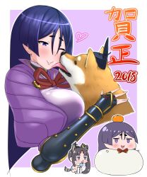 Rule 34 | 2018, 2girls, :3, :d, absurdres, all fours, animal ears, animalization, blue eyes, blush, bracer, breasts, chibi, chinese zodiac, detached sleeves, dog, dog ears, dog tail, fate/grand order, fate (series), food, fruit, hat, heart, highres, jitome, large breasts, licking, licking another&#039;s cheek, licking another&#039;s face, long hair, looking at viewer, mandarin orange, minamoto no raikou (fate), multiple girls, neck ribbon, new year, open mouth, puffy sleeves, purple background, purple eyes, purple hair, red ribbon, rei (rei rr), ribbon, shiba inu, side ponytail, simple background, smile, stuck, tail, translated, ushiwakamaru (fate), year of the dog