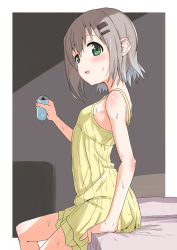 Rule 34 | 1girl, bare shoulders, can, commentary request, dress, from side, green eyes, grey hair, hair ornament, hairclip, kohshibasaki, looking at viewer, on bed, short dress, short hair, sitting, sleeveless, sleeveless dress, solo, spaghetti strap, sundress, sweat, yama no susume, yellow dress, yukimura aoi
