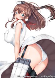 Rule 34 | 10s, 1girl, :o, ammunition pouch, armpit peek, ass, blue eyes, breast pocket, breasts, brown hair, cartridge, chiyo goya, flat ass, garter straps, headgear, huge breasts, kantai collection, long hair, looking at viewer, magazine (weapon), panties, pantyshot, patreon, patreon username, pleated skirt, pocket, pouch, saratoga (kancolle), scarf, simple background, skirt, solo, underwear, watermark, web address, white background, white panties, wind, wind lift