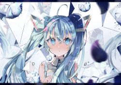 Rule 34 | 1girl, ahoge, bare shoulders, blue eyes, blue hair, blue nails, blue necktie, blurry, blurry foreground, closed mouth, colored eyelashes, depth of field, diamond (gemstone), english text, expressionless, frills, grey shirt, hair between eyes, hair ornament, hatsune miku, letterboxed, long hair, nail polish, necktie, reflection, shatter, shirt, siho (ricchil), simple background, solo, tareme, twintails, upper body, vocaloid, white background