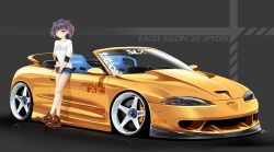 Rule 34 | 1girl, absurdres, black hair, blue shorts, breasts, brown eyes, brown footwear, car, coffee, collarbone, cup, eagle talon (car), grey background, highres, holding, holding cup, illest (brand), layered sleeves, minato yuuki (silenxe), motor vehicle, multicolored hair, nike (company), nike dunk, original, purple hair, shirt, shoes, short hair, short shorts, shorts, silenxe, small breasts, sneakers, stance (vehicle), streaked hair, twintails, vehicle focus, vehicle name, white shirt