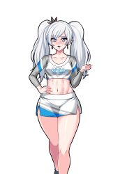 Rule 34 | 1girl, ahoge, alternate hairstyle, blue eyes, blush, breasts, cheerleader, grey hair, hand on own hip, highres, long hair, looking at viewer, midriff, navel, rwby, scar, scar on face, skirt, small breasts, smile, tabletknight, thick thighs, thighs, toned, twintails, weiss schnee, white hair, wide hips
