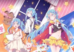 Rule 34 | 3girls, arms behind back, blue eyes, blue hair, cape, hatsune miku, hika (ozeluk), long hair, looking back, midriff, multiple girls, navel, open mouth, sailor collar, skirt, smile, star (symbol), stuffed animal, stuffed toy, teddy bear, twintails, very long hair, vocaloid, window, aged down