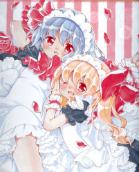 Rule 34 | 2girls, alternate costume, aogiri sei, apron, blonde hair, blush, bow, enmaided, fang, flandre scarlet, grey hair, hair between eyes, hair bow, happy, large bow, long hair, looking at viewer, maid, maid apron, maid headdress, multiple girls, one eye closed, open mouth, red bow, red eyes, red petals, remilia scarlet, siblings, simple background, sisters, striped, striped background, touhou, wrist cuffs