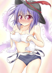 Rule 34 | 1girl, absurdres, blush, breasts, cleavage, clothes pull, collarbone, covering privates, covering breasts, hat, hat ribbon, highres, kuzumomo, large breasts, looking at viewer, nagae iku, one-piece swimsuit, one-piece swimsuit pull, purple hair, red eyes, ribbon, school swimsuit, shawl, solo, swimsuit, touhou, towel, underboob, wavy mouth