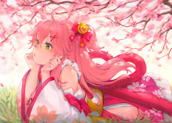 Rule 34 | 1girl, ahoge, bell, bibimbub, blurry, blurry background, branch, cherry blossom print, cherry blossoms, commentary, day, depth of field, detached sleeves, fingernails, floral print, grass, green eyes, hair bell, hair ornament, hair ribbon, head in hand, head rest, highres, hip vent, hololive, jingle bell, long hair, looking to the side, lying, name connection, nontraditional miko, obi, object namesake, on grass, on ground, on stomach, outdoors, pink hair, pink skirt, ponytail, pursed lips, ribbon, sakura miko, sakura miko (1st costume), sash, side-tie peek, skirt, solo, spring (season), symbol-only commentary, very long hair, virtual youtuber, wide sleeves, x hair ornament