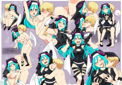 Rule 34 | 1boy, 1girl, arm up, licking armpit, armpit sex, armpits, arms up, ass, blue hair, blush, grabbing another&#039;s breast, breast sucking, breasts, censored, character request, cleavage, clothed female nude male, dark priest, closed eyes, grabbing, highres, horns, ivancyxic, kiss, licking, licking another&#039;s face, long hair, monster girl encyclopedia, nude, penis, pointy ears, red eyes, segmented horns, sex, sex from behind, shoes, smile, tail, thighhighs, wings